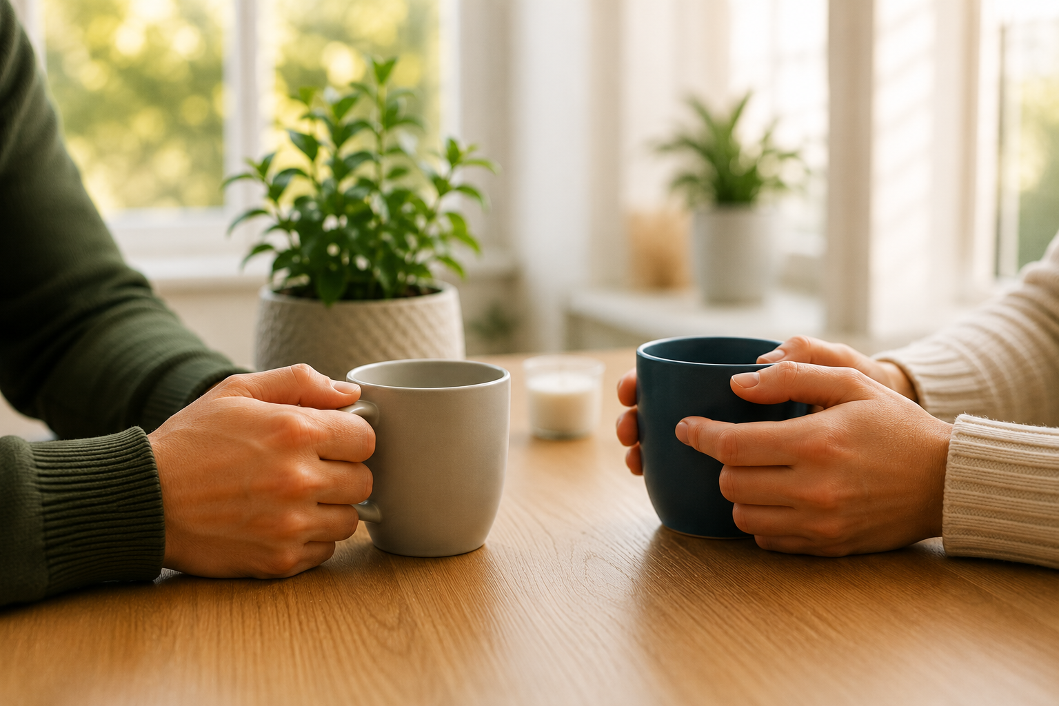 Two people holding mugs while talking across a table.