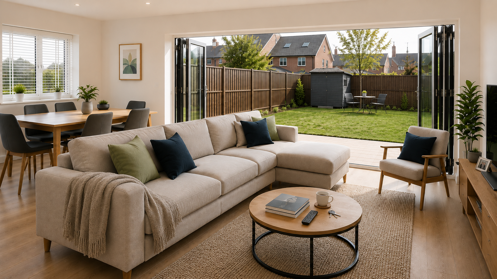 Bright, furnished communal lounge and dining area opening onto a garden through bi-fold doors.