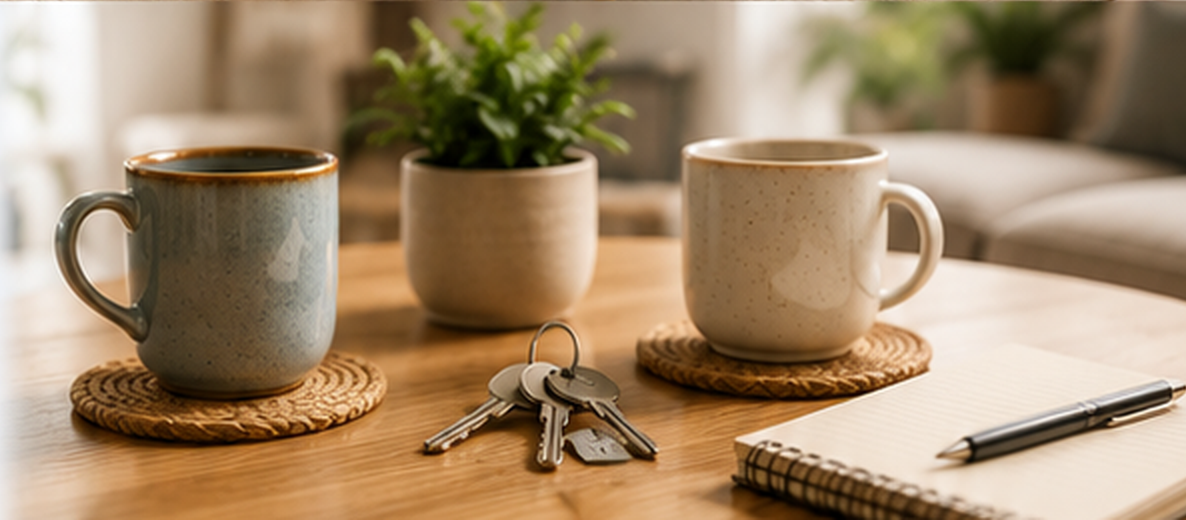 Two cups, house keys and a support-planning notebook on a table.